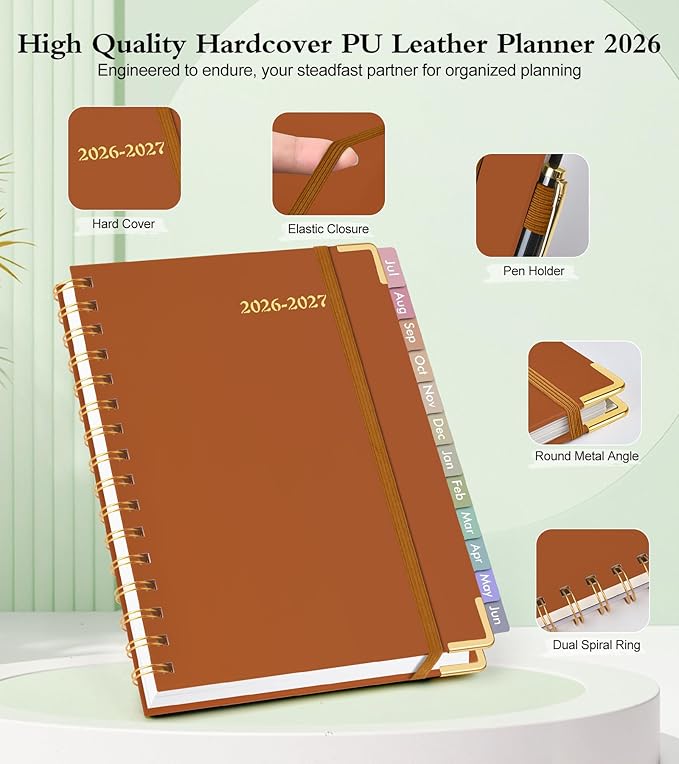 Academic Planner 2026-2027, Hardcover Weekly and Monthly Calendar Planner from July 2026 - June 2027, Daily Agenda Planners with Tabs, College School Organizer for Student Teacher, A5 (6.1" x 8.2"), Brown