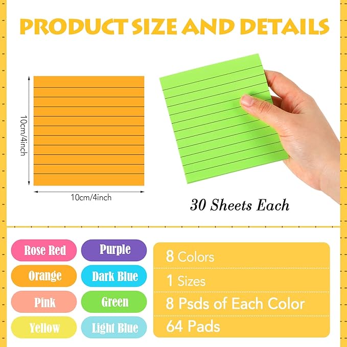 Yexiya 64 Pcs Lined Sticky Notes Self Stick Notes with Lines Bright Assorted Colors Sticky Pad for Home Office Products Post Memos, 1920 Sheets(4 x 4 Inch,Chic Color)