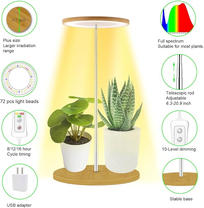 Plant Grow Light for Indoor Plant,Bamboo Mini LED Grow Light Garden,Height Adjustable,Automatic Timer with 8/12/16 Hours，2 Pack