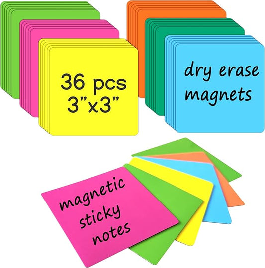 36Packs Reusable Magnetic Sticky Notes, 3" x 3" Dry Erase Magnets Labels, Widely Use to Post Notes for Whiteboard, Fridge, Locker, Cabinet, Door - Office & Classroom Supplies
