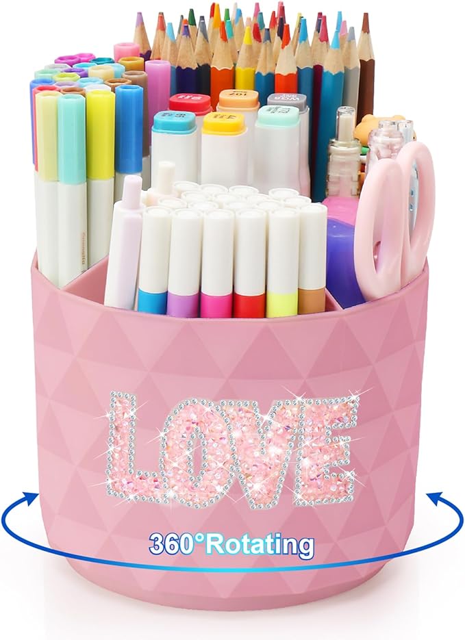 Bling Desk Organizer, Glitter Love Rhinestone Rotating Pencil Pen Holders For Desk,Diamond-Patterned Pen Organizer With 5 Compartments,Stylish Desk Accessories For Office School Home