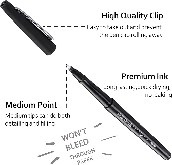 WOSWEL Black Felt Tip Pens, 32 Black 0.7mm Medium Point Felt Tip Markers Pen for Journaling, Note Taking, Planner, Writing,Drawing.Perfect for Art Office and School Supplies