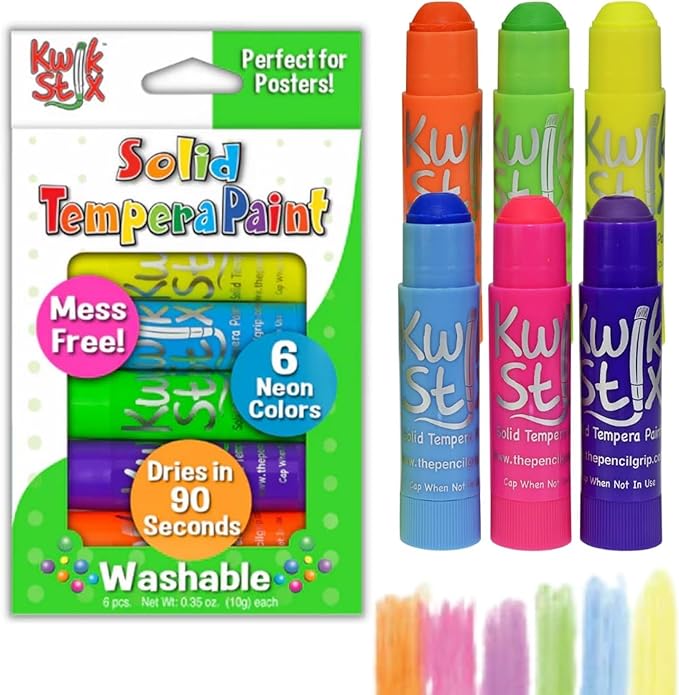 The Pencil Grip Kwik Stix NEON Solid Tempera Paint, Super Quick Drying, 6 Pack (TPG-610)
