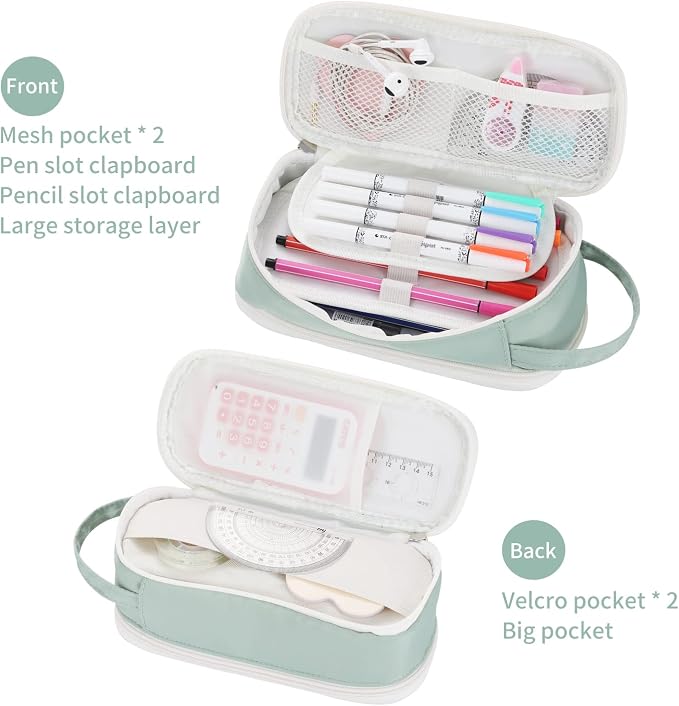 Dugio Large Pencil Bag for Girls School Organizer Pencil Case Big Green | Teens Kids Zipper Pencil Pouch Aesthetic Pencil Box for School Supplies, Wear-resistant Fabric, Thick Multi-layer Fabric