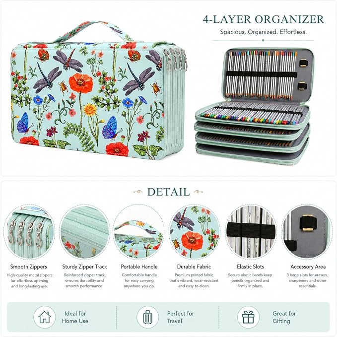300 Slots Colored Pencil Case Organizer, 4 Layer Bag | Twill Oxford fabric,103 elastic loops,detachable handle,for travel,home storage,drawing tools,creative gifts