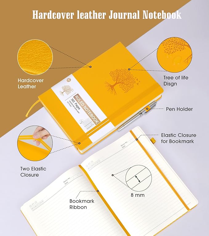 Lined Journal Notebook, 365 Pages A4 Large Journals for Writing Ruled Notebook, Hardcover Leather Journal for Women Men, Daily Notebook for Work, Note Taking, 100Gsm Thick Paper ( 8.5" x 11" Yellow)