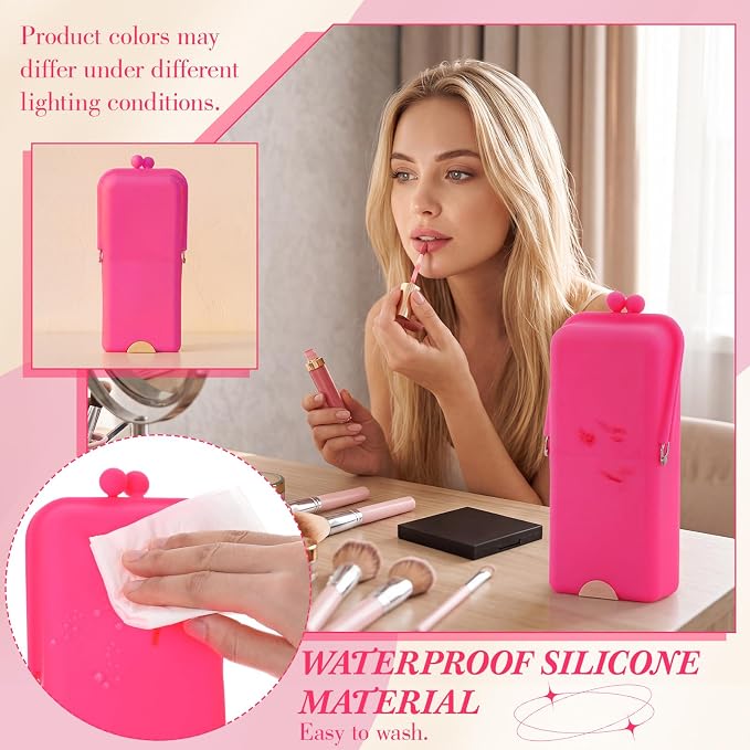 Kacctyen Makeup Brush Case Silicone Standing Makeup Brush Holder,Hot Pink | Silicone Make up Travel Bag with Suction Portable Cosmetic Organizer Phone Stand Pouch for Travel Home Back to School Use