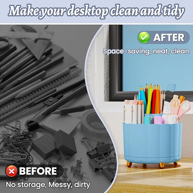 360 Degree Rotating Pen Holder for Desk, 6 Slots Desktop Organizer Caddy for Pens, Pencils, Markers, Multi-Functional Pencil Cup & Office Supplies Holder, Blue