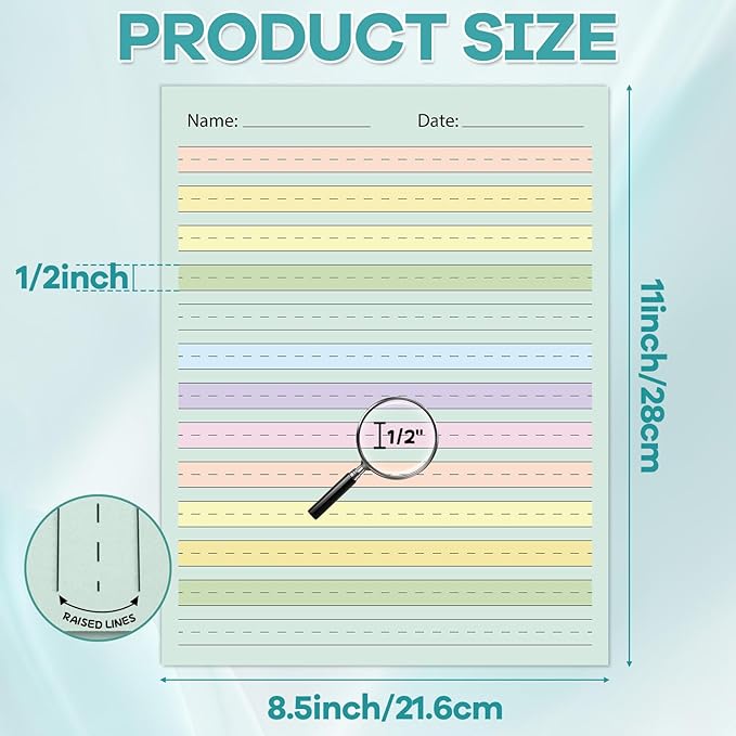 OBUSATT 50 Sheets Multi-Color Raised Line Paper Kindergarten Practice Tactile Writing Papers with 0.5inch Spacing Primary Handwriting Tablet for Kids Teachers Sensory with Line 8.5 x 11 Inch