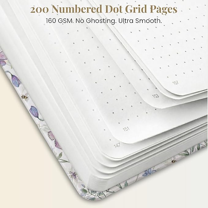 VIVID SCRIBBLES A5 Dotted Notebook with 160gsm Bleed-Proof Paper - Perfect for Bullet Journaling and Creative Planning - 200 Numbered Dot Grid Pages in Cream Floral
