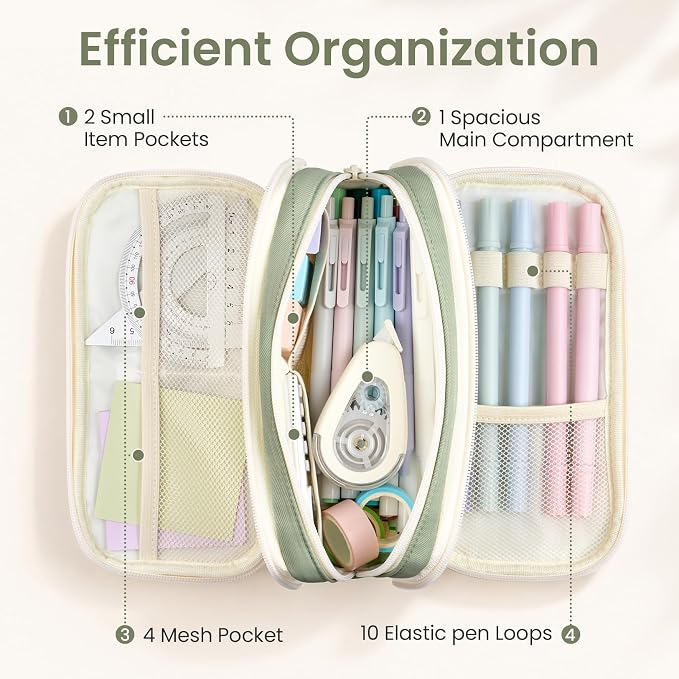 Sooez Large Capacity Pencil Case Pouch, Cute Pencil Pouch Pencil Bag | 3 Compartment, Aesthetic Pen Case with Zipper, Stationery Organizer, School Supplies for Teen Girl Boy Women Men, Green