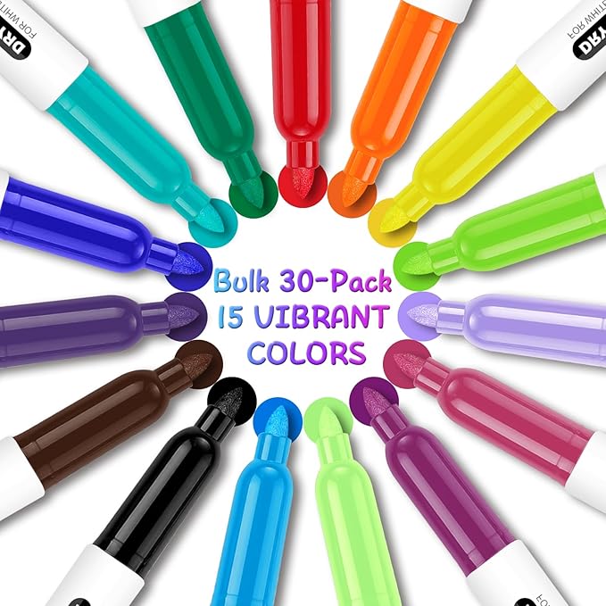 SFAIH Dry Erase Markers Fine tip 15 Colors, 30 Pack - Low Odor Whiteboard Markers for Office Teams, Study Groups, Home Schooling, Paper Markers for Kids | 5 Sizes:12/15/24/30/48/72/144 Packs