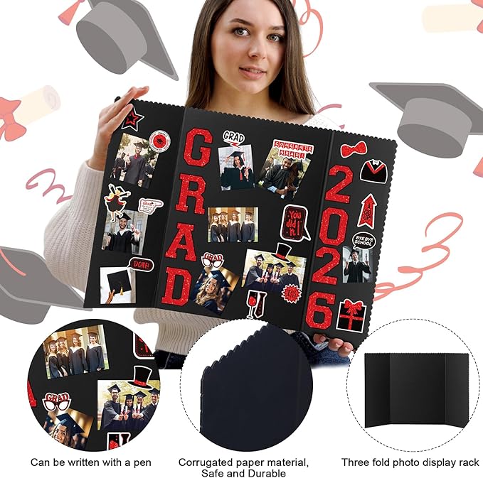 MiniInflat 4 Set 2026 Graduation Picture Trifold Poster Board Double-Sided Foldable Photo Display Board Graduation Decoration for Class of 2026 High School College DIY Craft(Red,24 x 16 Inches)