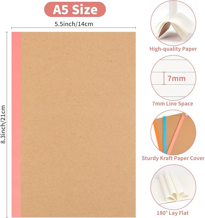 6 Pack Lined Notebook Journals Bulk, 8.3”x 5.5” Kraft Cover Lined Notebooks