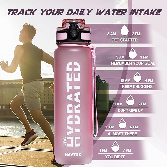 Water Bottle, 32oz Sports Water Bottles with Time Marker Wide Mouth, Motivational and Leakproof Drink Bottle, BPA Free Tritan with Carry Strap for Gym Fitness Outdoor (1 Bottle)