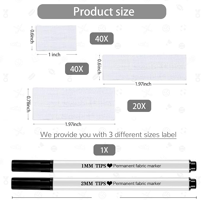 100 Pieces Precut Iron on Labels for Clothing and 2 Pcs Permanent Fabric Markers Laundry Marker Personalized Blank Clothing Name Tags for Nursing Homes, Camp, College, and Uniforms, 3 Size