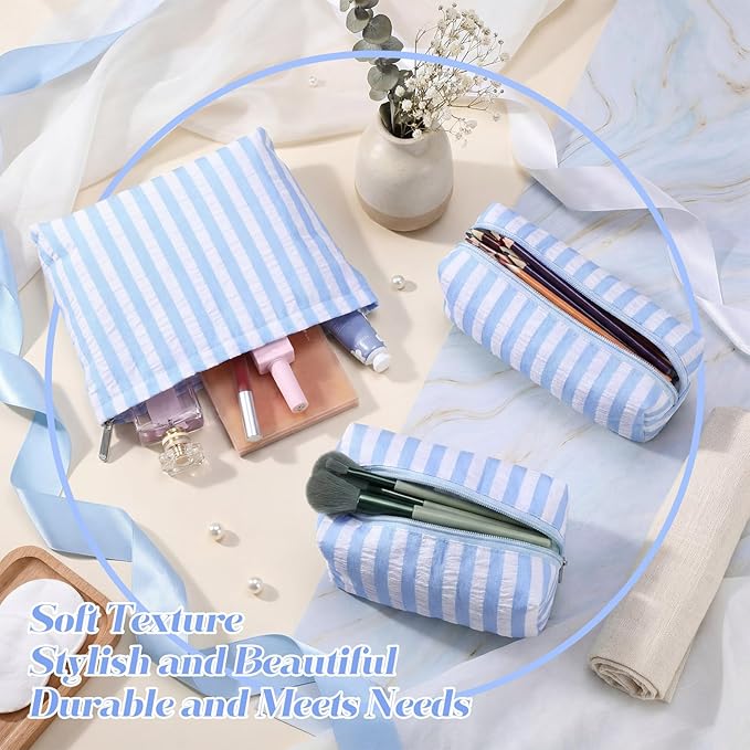 Huhumy 3 Pcs Makeup Bag Set Cute Cosmetic Pouch for Women Aesthetic Seersucker Travel Toiletry Bag Set Preppy Small Makeup Purse Pouch Wide Stripe Cosmetic Organizer Pencil Case with Zipper(Blue)