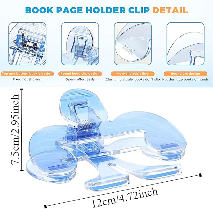 3 Pcs Book Page Holders for Reading, 12° Hands-Free Transparent Acrylic Book Tok for Reading or Fixing Piano Music Journal, Anti Slip Portable Bookmarks to Support(Blue, Pink, Transparent)
