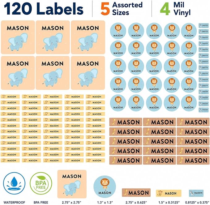 Andaz Press Custom Personalized Waterproof School Name Labels, Safari Animals, 120-Pack, Kids Labels Combo Pack, Customizable Multi-Use Name Stickers for Preschool, Daycare, Supplies, Office, Camping