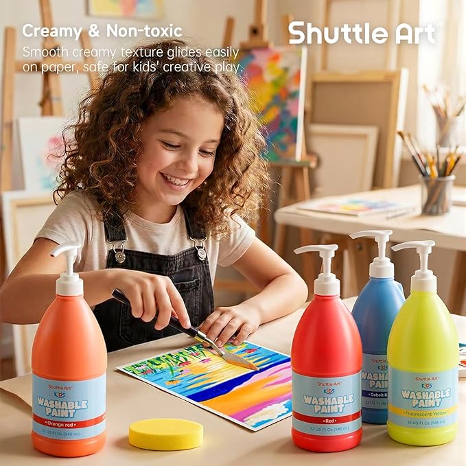 Shuttle Art 15 Colors Washable Paint for Kids, 32 oz Bulk Tempera Paint with Pump, Non-Toxic Kids Washable Paint for Art and Crafts, School & Home Must Haves
