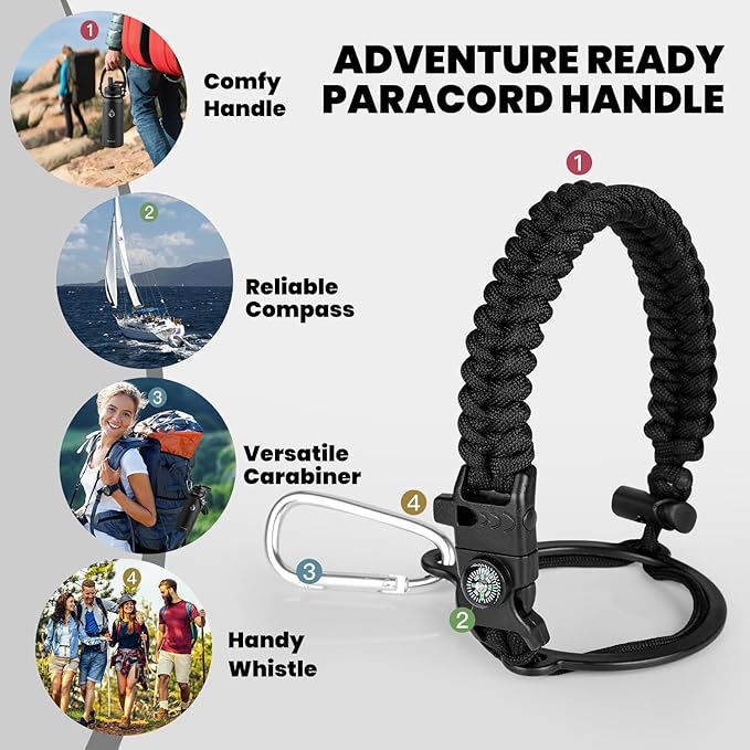 RAYMYLO Insulated Water Bottle 32 oz, Triple Wall Vacuum Stainless Steel (Cold for 24Hrs, Hot for 12Hrs), Leak Proof & Non-BPA, Modern Water Flask Jug with Paracord Handle & Straw Spout Lids