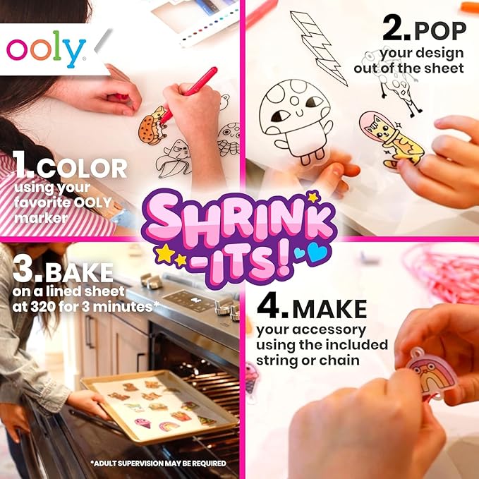 Ooly x Peanuts Snoopy 34 PC DIY Shrinking Art Kit for Kids with Markers, 20 Plastic Pre Cut Charms and More, No Mess Creative Activity Jewelry Making Kit