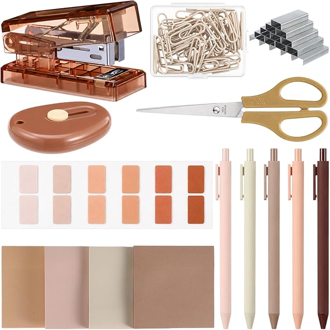 Khaki Mini Office Supplies Kit School Supplies Desk Accessories with Gel Pens Sticky Notes Stapler 1000 Scissor Paper Clips Index Tabs Box Cutter for Back to School Office
