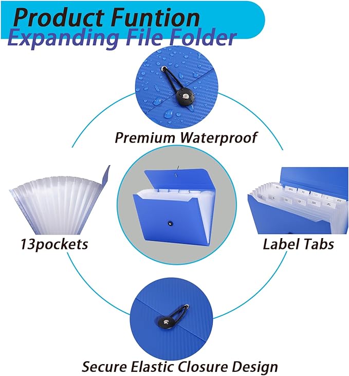 A4 Paper Document Organizer Expanding File Folder with 13 Pockets Accordion File Holder with Tabs for Home School Office, Blue Plastic Material