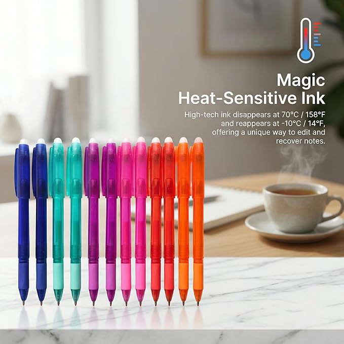 Volcanics Erasable Gel Pens, 0.7mm Fine Point Gel Erasable Ink Pens - Compatible with Rocketbook, 12 Pack, Smooth Writing Pens Pencil-Like Precision for for Office, Journaling, Note Taking & Planning
