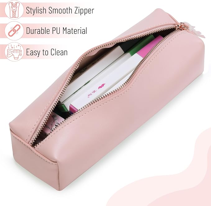 Mr. Pen- PU Leather Pencil Case, Pink | Pencil Case Small Pencil Pouch Aesthetic