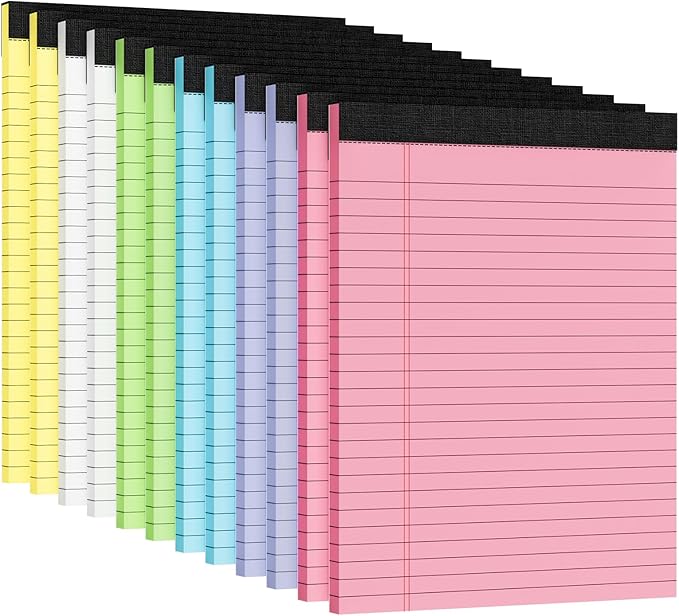 12pcs Legal Pads 8.5 x 11, Notepads 8.5 x 11 Inch, Color Note Pads Clear Print Writing Pads of Paper, Memo Pads , Perforate Legal Notepads Paper , Wide Ruled Lined with Sturdy Back,30 Sheets/Pack