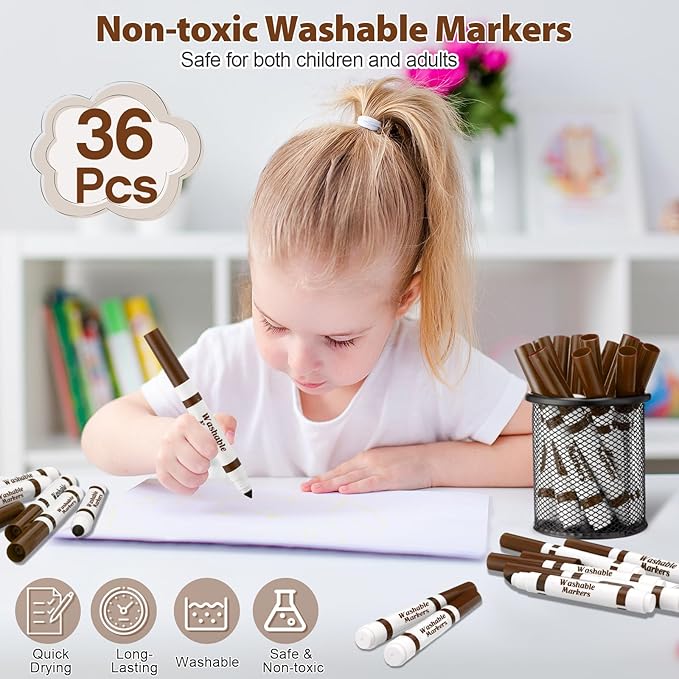 36 Pcs Dark Brown Washable Markers Bulk Coloring Broad Line Markers for Kids Conical Tip Drawing Pen for Christmas, School, Travel Art Baby Shower Gender Reveal Party Supplies, Ages 6+