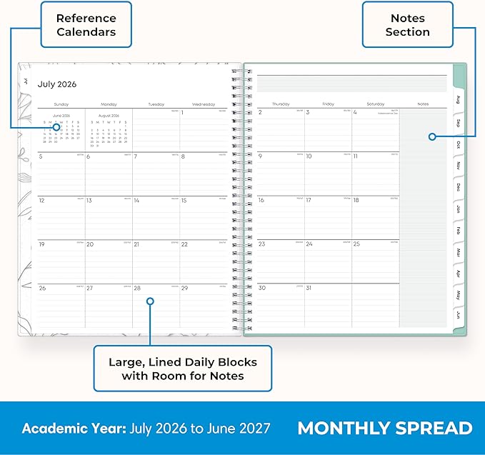 Blue Sky 2026-2027 Weekly and Monthly Academic Year Teacher Lesson Planner Calendar, July 2026 - June 2027, 8.5" x 11", Flexible Cover, Wirebound, Laminated Tabs, Storage Pocket, Prairie Aqua