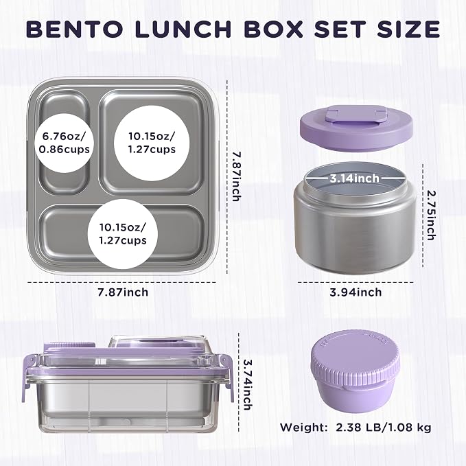 Stainless Steel Bento Lunch Box for Kids Adults with 8oz Insulated Food Jar,Ice Pack,Leak-proof,Dishwasher-Safe,Transparent Lid with Sauce Cup and Cutlery Storage for School & Travel,BPA-Free(Purple)