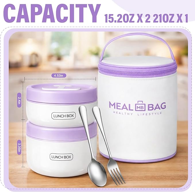 Dandat 2 Pcs Portable Insulated Lunch Containers Thermal Bento Box with Bag Fork Knife Microwavable Stainless Steel Lunch Box 15.2 oz 21 oz Separate Stackable Food Jar for Adult Men Women(Purple)