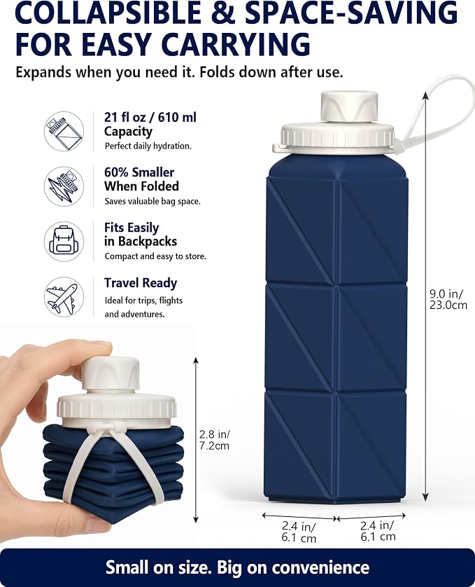 BEAUTAIL Collapsible Water Bottles 21oz/610mL, Silicone Travel Water Bottle | BPA Free, Leakproof & Reusable, Foldable Water Bottle for Traveling, Hiking, Gym, School, Sports, Outdoor, 1-Pack, Dark Blue