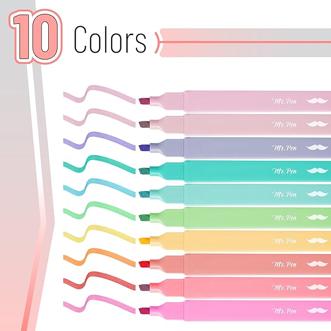 Mr. Pen- Aesthetic Highlighters No Bleed, 10 Pack, Pastel Colors, Chisel Tip, Cute Highlighters Assorted Colors for Journaling, Highlighting, Underlining, Fast Dry, Back to School Supplies