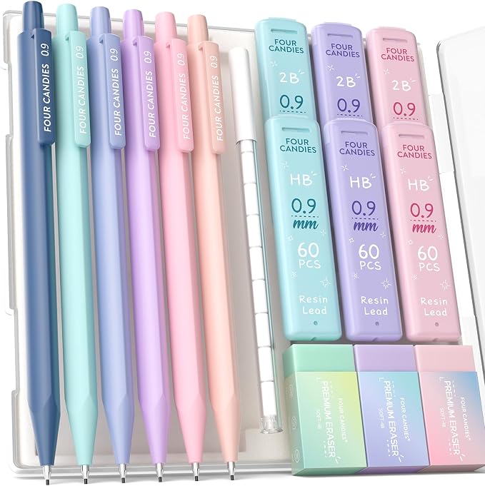Four Candies Cute Mechanical Pencil Set, 0.9mm Bold Point, 6-Count Pack | 360 HB/2B Leads, 3 Erasers, 9 Eraser Refills, Storage Case, Pastel Barrels, Triangular Grip, for Heavy Writing & Sketch