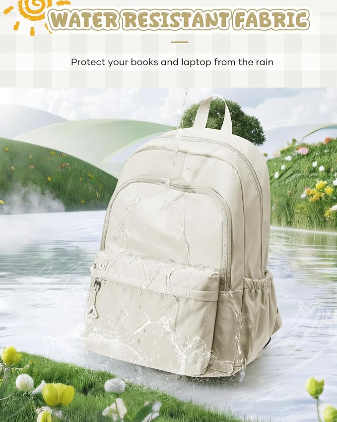 winspansy Backpack for School Teenage Girls Boys,Waterproof Lightweight School Bags Travel Daypack Simple Cute College Backpack Rucksack for Women Men fit 14 Inch Laptop,Beige