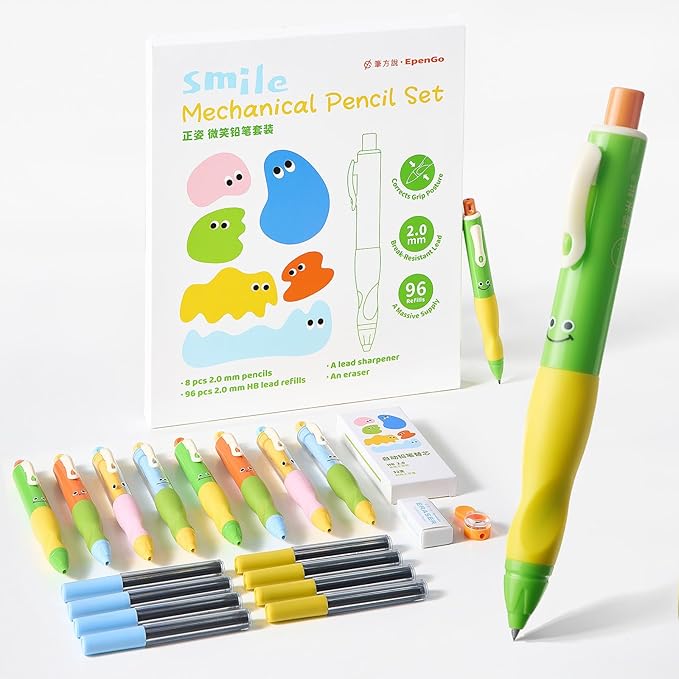 Thick Mechanical Pencil for Kids, Smile Handwriting Pencil with Non-Slip Grip & 2.0mm HB Lead, Break-Resistant, 8 Pack Includes 96 Refills #2, Sharpener & Eraser