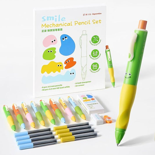 Thick Mechanical Pencil for Kids, Smile Handwriting Pencil with Non-Slip Grip & 2.0mm HB Lead, Break-Resistant, 8 Pack Includes 96 Refills #2, Sharpener & Eraser