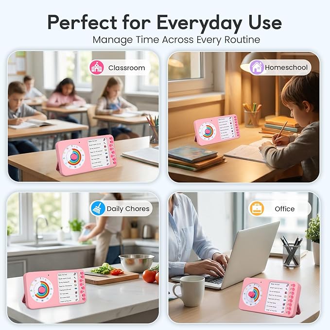2-in-1 Visual Timer with Task Board for ADHD & Autism, Dry Erase Chore Chart and Visual Schedule for Kids & Adults, Rainbow Countdown Timer for Classroom, Home, Homeschool (Pink)