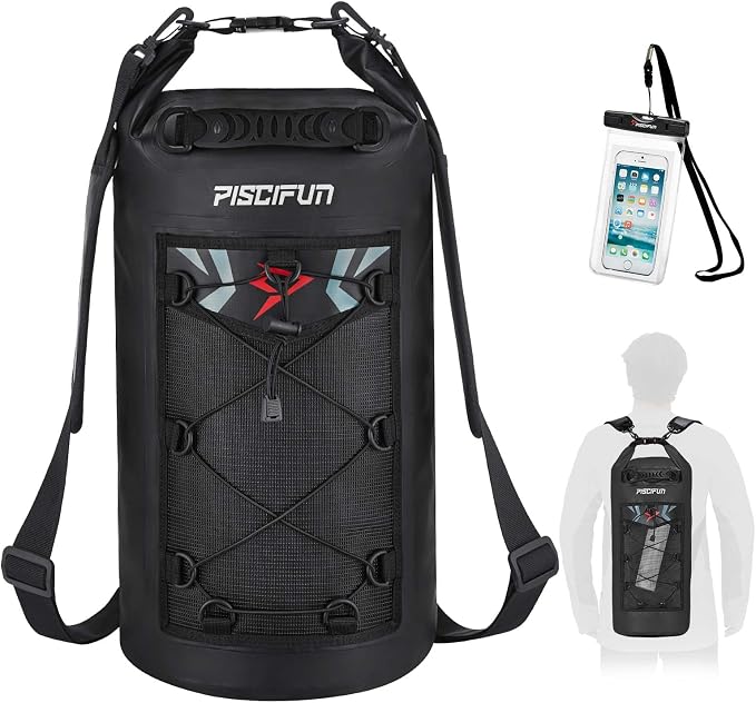 Piscifun Dry Bag, Waterproof Floating Backpack 10L/20L/30L/40L | Waterproof Phone Case, Adjustable shoulder straps, Roll-top closure keeps gear dry, Ideal for Boating, Kayaking, Fishing