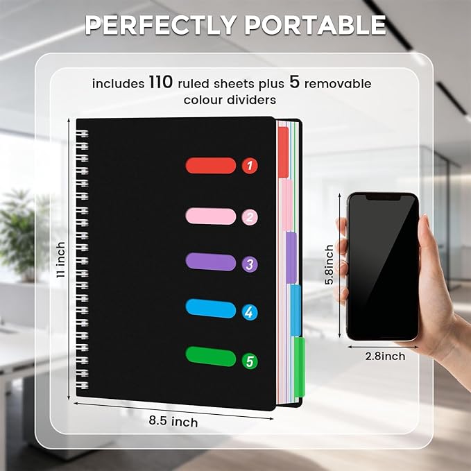 Subject Notebook Wide Ruled, 8.5x11inch Hardcover 5 Subject Lined Spiral Notebook with Dividers Tabs for School Note Taking Office Journal, 220 Pages, Black