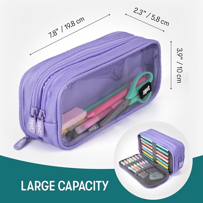 ZIPIT Half & Half Pencil Case for Girls, 3-Compartment Zipper Pouch, Purple | Clear-front pencil case for school, dedicated organizer panels, holds up to 70 pens & pencils, durable easy-care polyester