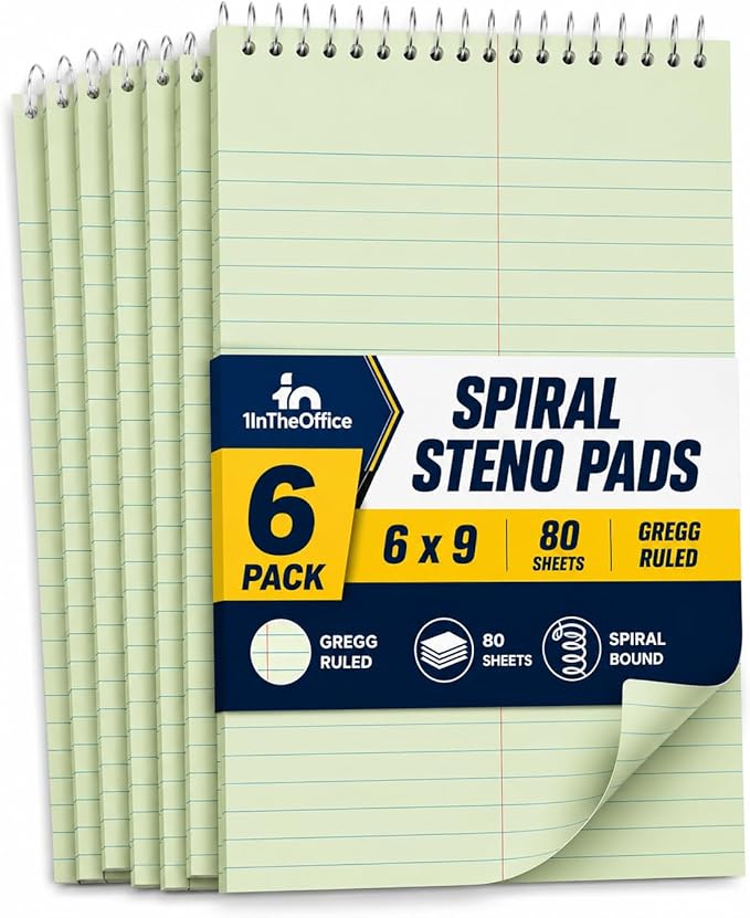 1InTheOffice Steno Pads 6x9, Steno Pads, Spiral Steno Pads, Gregg Rule, Green Tint, 6 x 9, 80 Sheets, 6/Pack