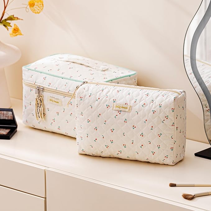 HBselect Quilted Makeup Bag, 3Pcs Cotton Large Travel Makeup Bags Organizer | Cute Floral Make up Bag Cosmetic Bag Toiletry Bag for Women Girls, Makeup Pouch for Skincare, Brushes & Travel Essentials