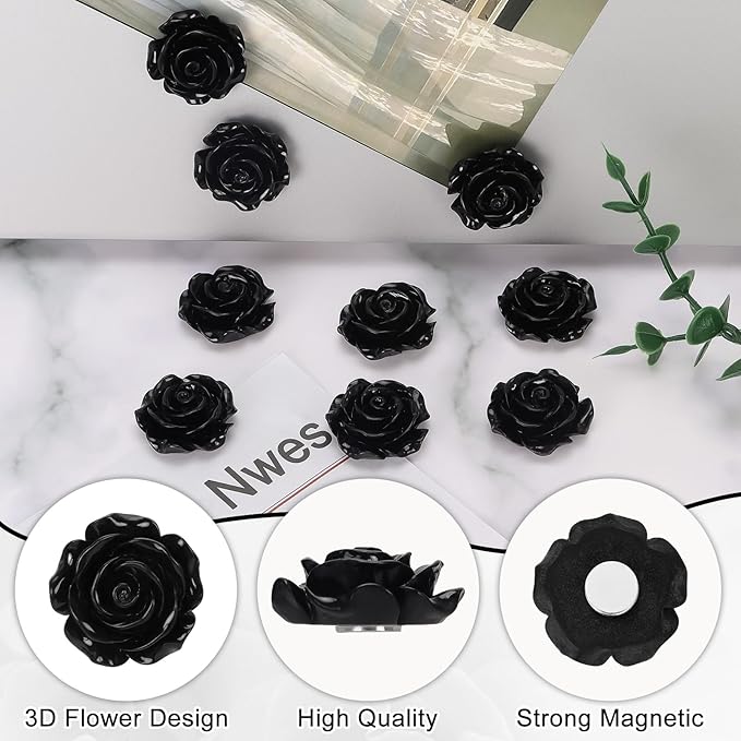 20 Pcs Rose Fridge Magnets, 1.1 Inch Cute Flower Fridge Magnets, 3D Colorful Refrigerator Decorative Magnet for Whiteboard Locker Cabinet (Black-Rose)