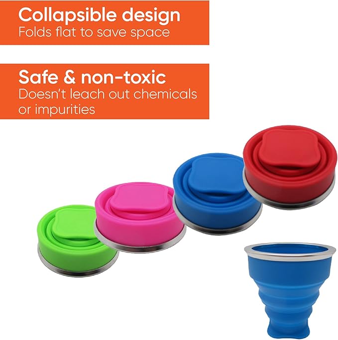 Gadgetime USA Collapsible Drinking Cup (Pack of 4) - Reusable Travel Mug - Silicone Drinking Glass for Hiking, Picnic, Camping & More - Small Portable cup for Outdoors - Folding Cups with Lids