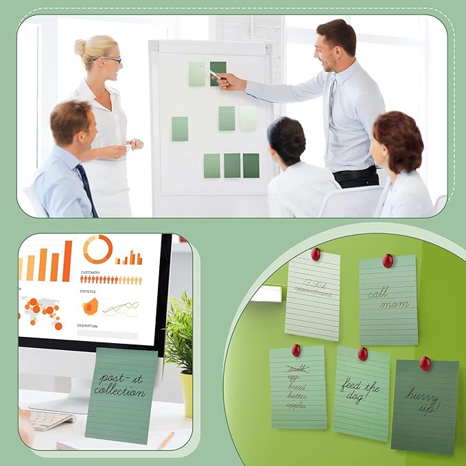 JarThenaAMCS 12Pcs Sage Green Lined Sticky Notes 4 x 6 in Assorted Green Self-Adhesive Notepads Removable Memo Pad for Office School Home Supplies, 6 Colors